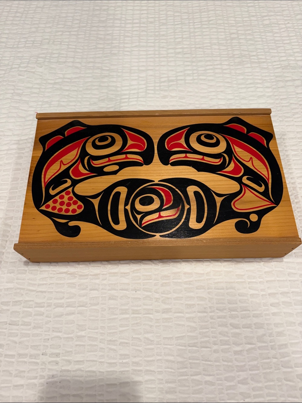 Hand-Painted Wooden Salmon Box with Indigenous Motif - Red & Black